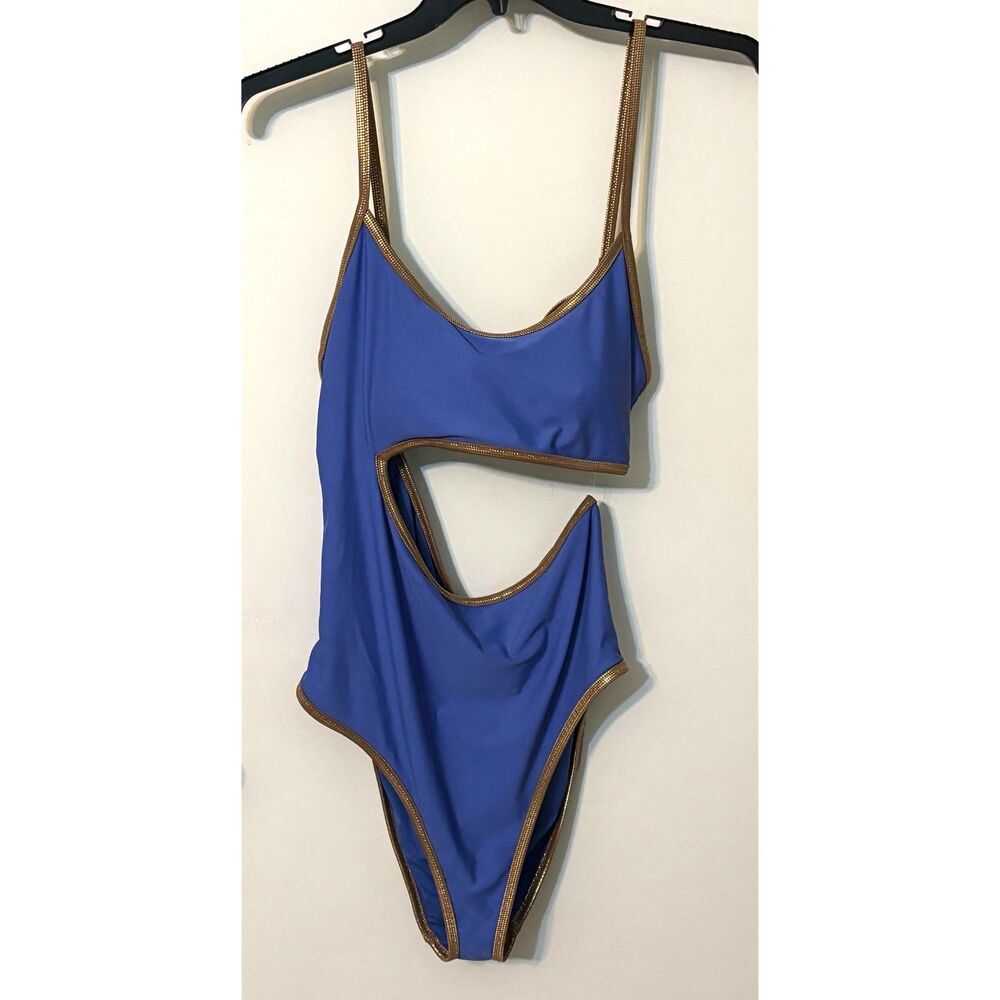 Aerie XL Periwinkle Cutout One Piece Swimsuit Gold Trim Full Coverage NWOT